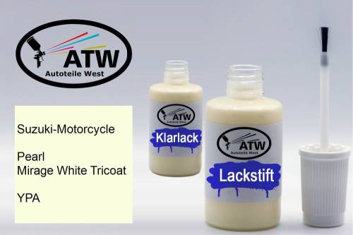 Suzuki-Motorcycle, Pearl Mirage White Tricoat, YPA: 20ml Lackstift + 20ml Klarlack - Set, von ATW Autoteile West.